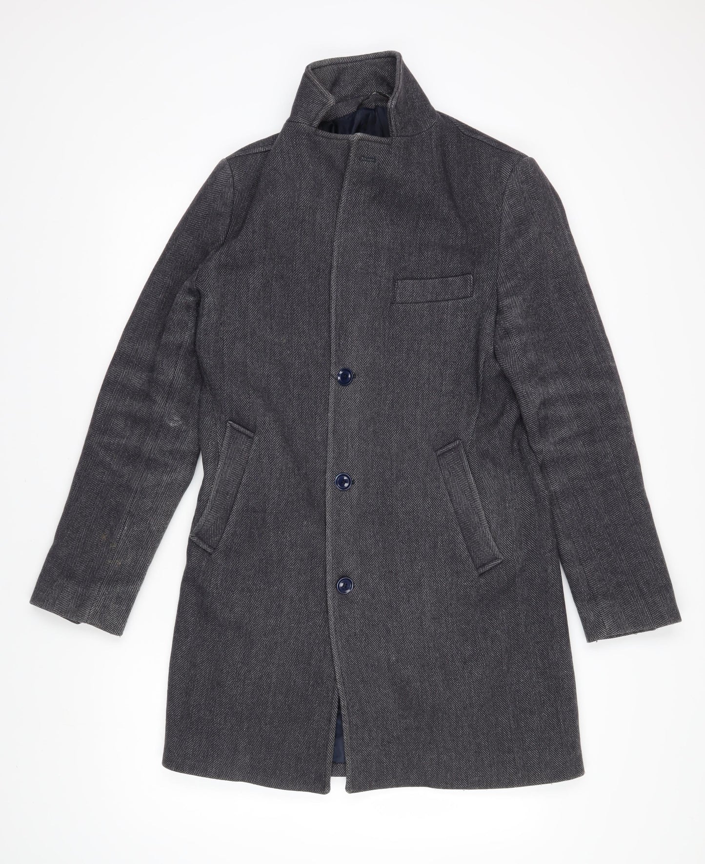 Fusaro Mens Grey Herringbone Overcoat Coat Size 46 Button