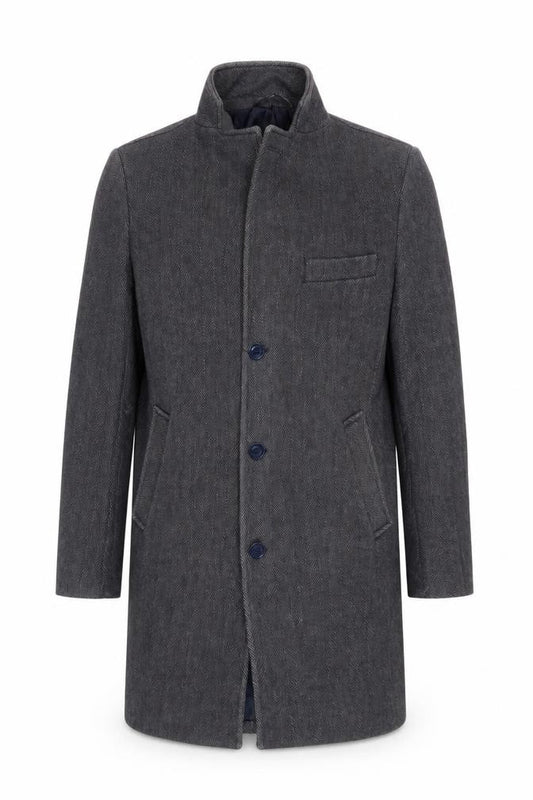 Front view of Fusaro men’s grey herringbone overcoat coat, size 46, button