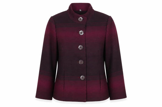 Front view of Isle women’s purple striped jacket blazer, size UK 16, button