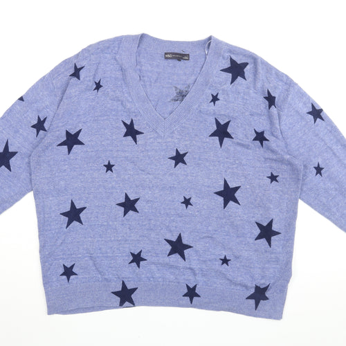 Marks and Spencer Womens Blue V-Neck Geometric Cotton Pullover Jumper Size L - Star Print