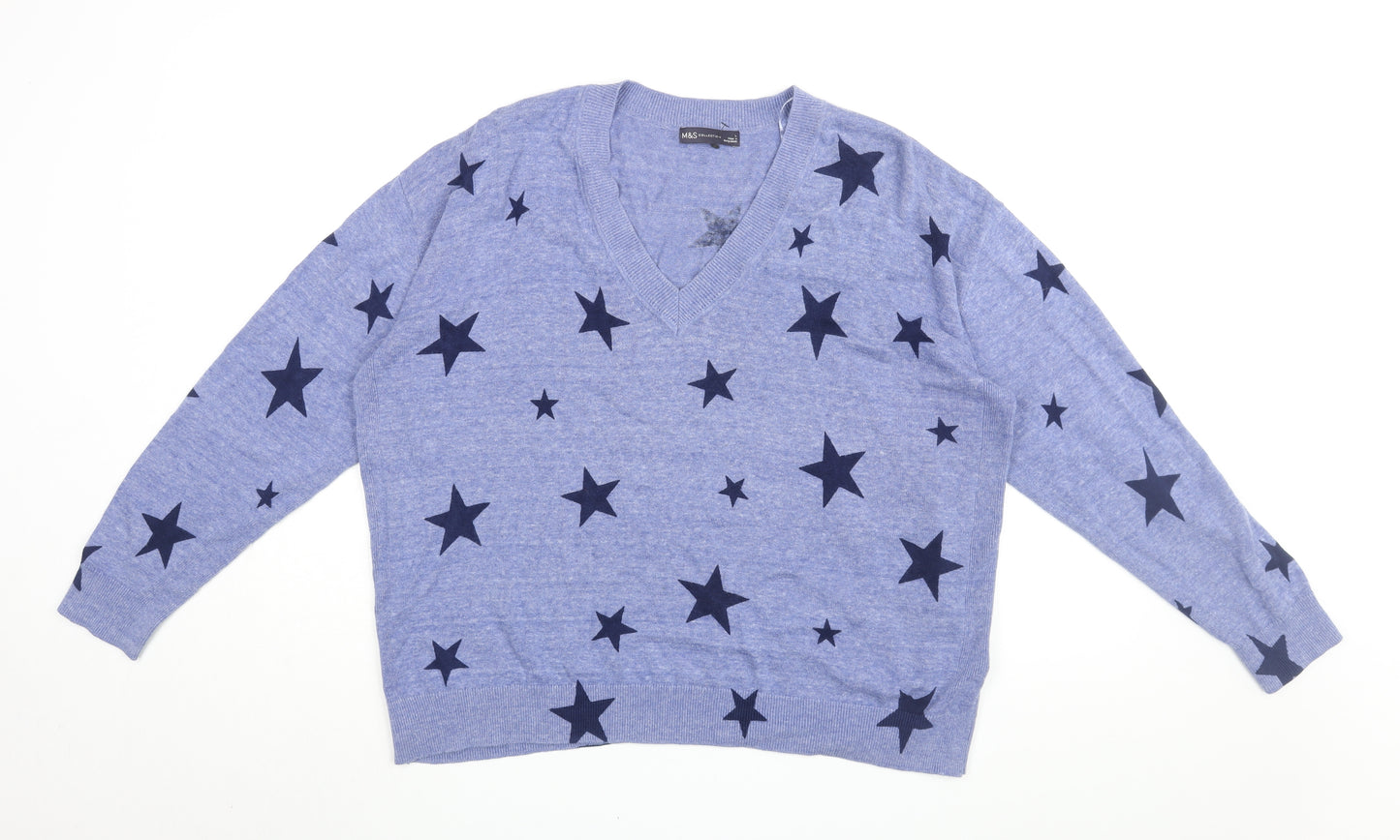 Marks and Spencer Womens Blue V-Neck Geometric Cotton Pullover Jumper Size L - Star Print