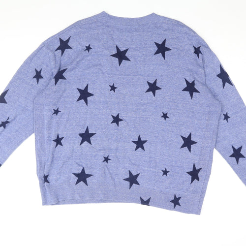 Marks and Spencer Womens Blue V-Neck Geometric Cotton Pullover Jumper Size L - Star Print