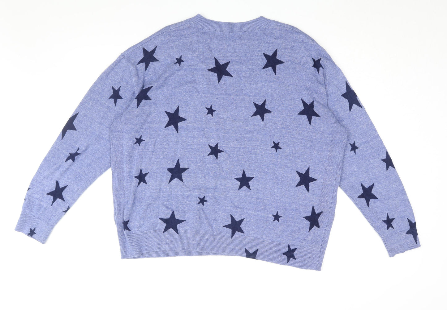 Marks and Spencer Womens Blue V-Neck Geometric Cotton Pullover Jumper Size L - Star Print