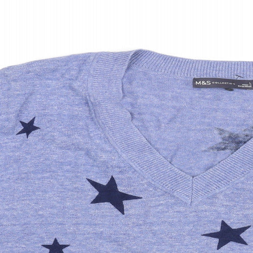 Marks and Spencer Womens Blue V-Neck Geometric Cotton Pullover Jumper Size L - Star Print