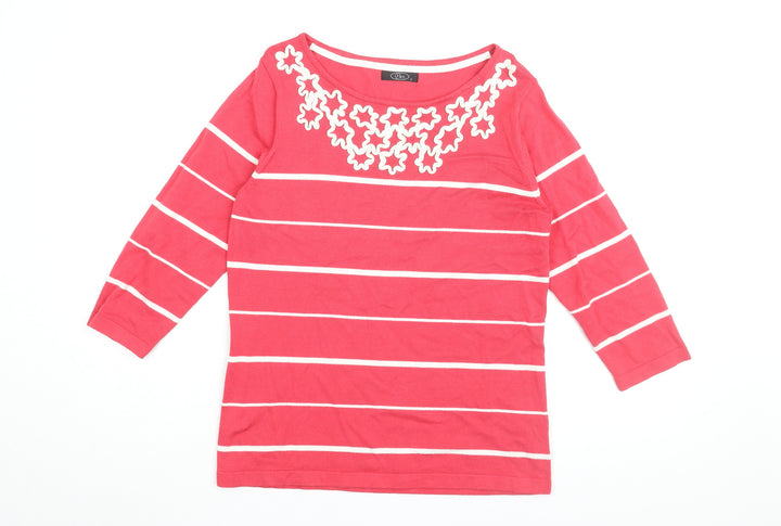 BM Womens Pink Striped Viscose Basic T-Shirt Size S Round Neck