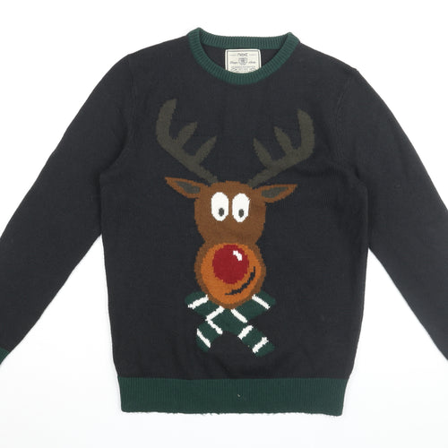 NEXT Mens Black Round Neck Acrylic Pullover Jumper Size M Long Sleeve - Rudolf Christmas