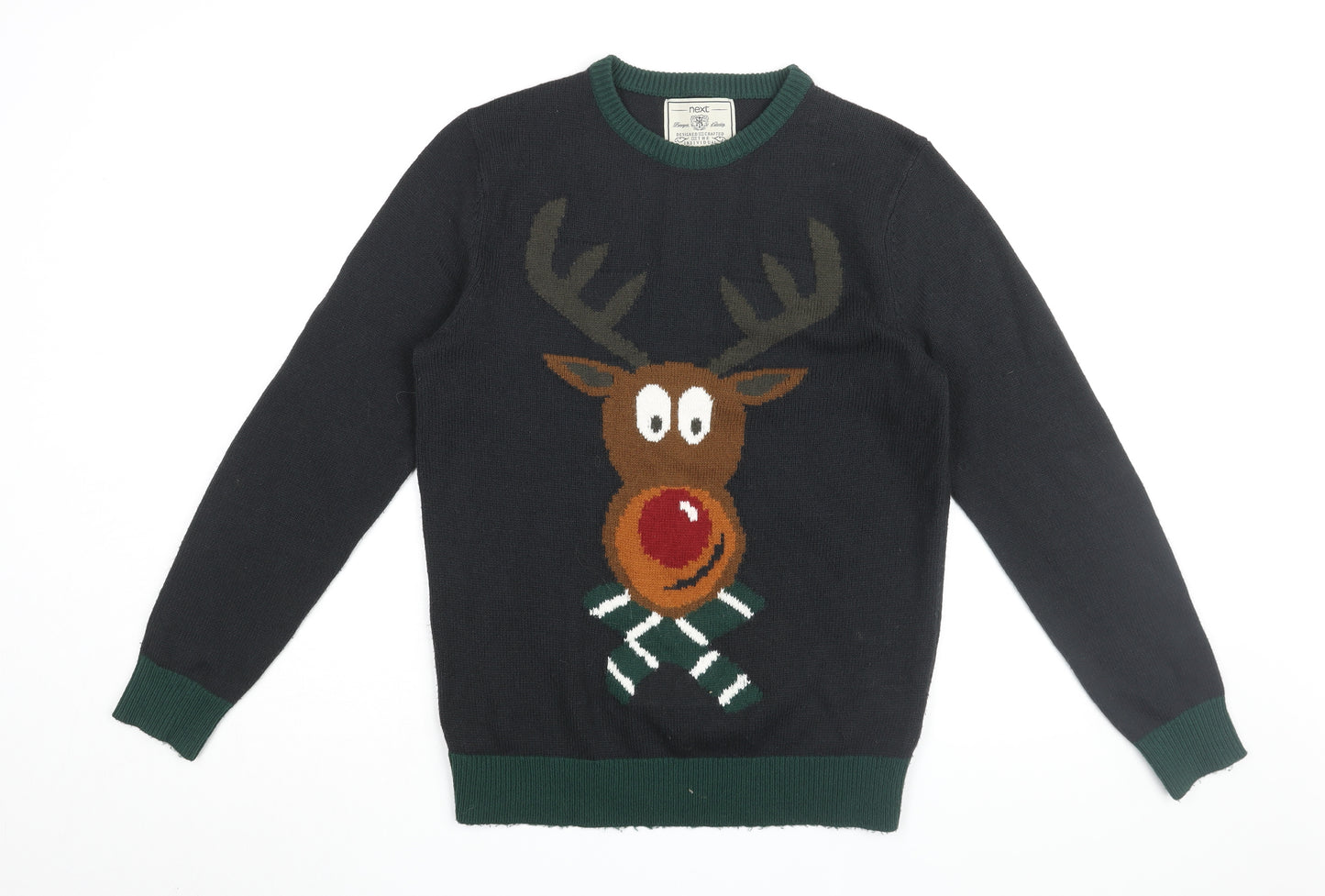 NEXT Mens Black Round Neck Acrylic Pullover Jumper Size M Long Sleeve - Rudolf Christmas