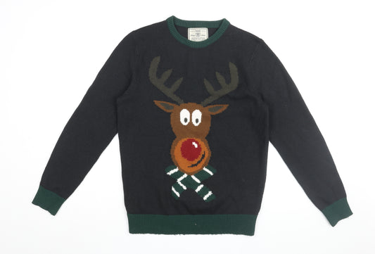 NEXT Mens Black Round Neck Acrylic Pullover Jumper Size M Long Sleeve - Rudolf Christmas