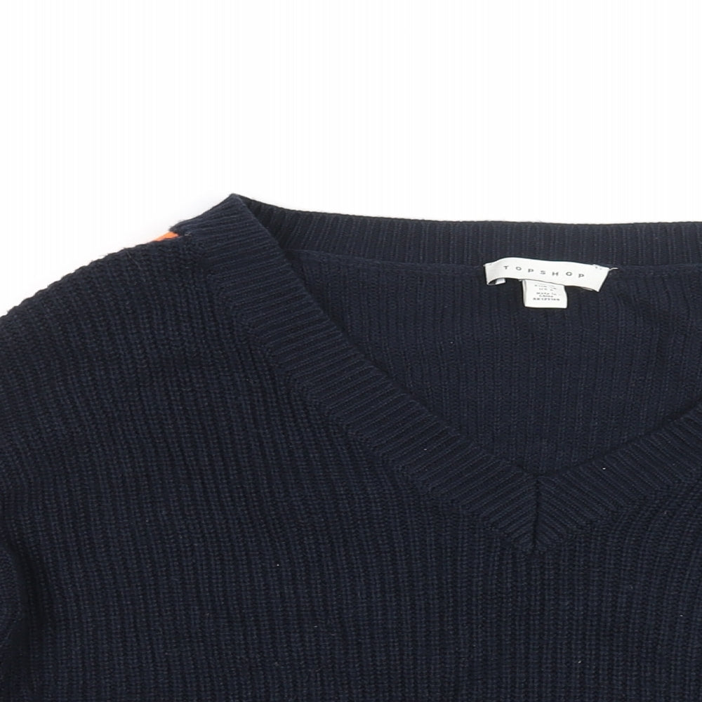 Topshop Womens Blue V-Neck Acrylic Pullover Jumper Size 10