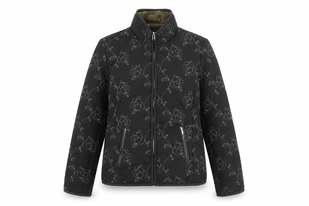 Front view of SCL sport women’s black floral jacket coat, size UK 10, zip