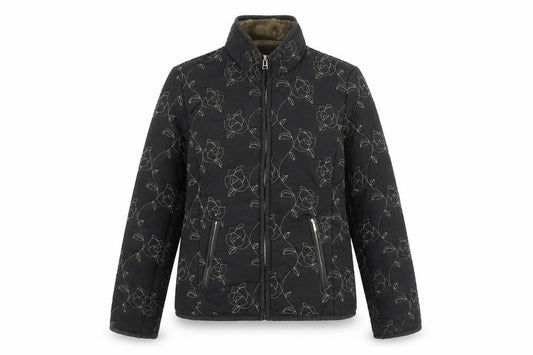 Front view of SCL sport women’s black floral jacket coat, size UK 10, zip