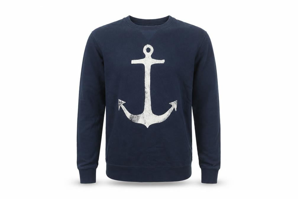 Front view of H&M men’s blue cotton pullover sweatshirt, size S, - anchor print