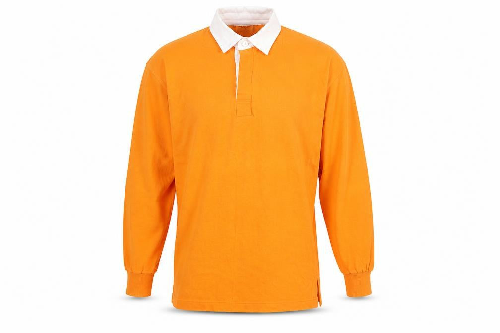 Front view of Front Row men’s orange cotton polo, size S, collared button