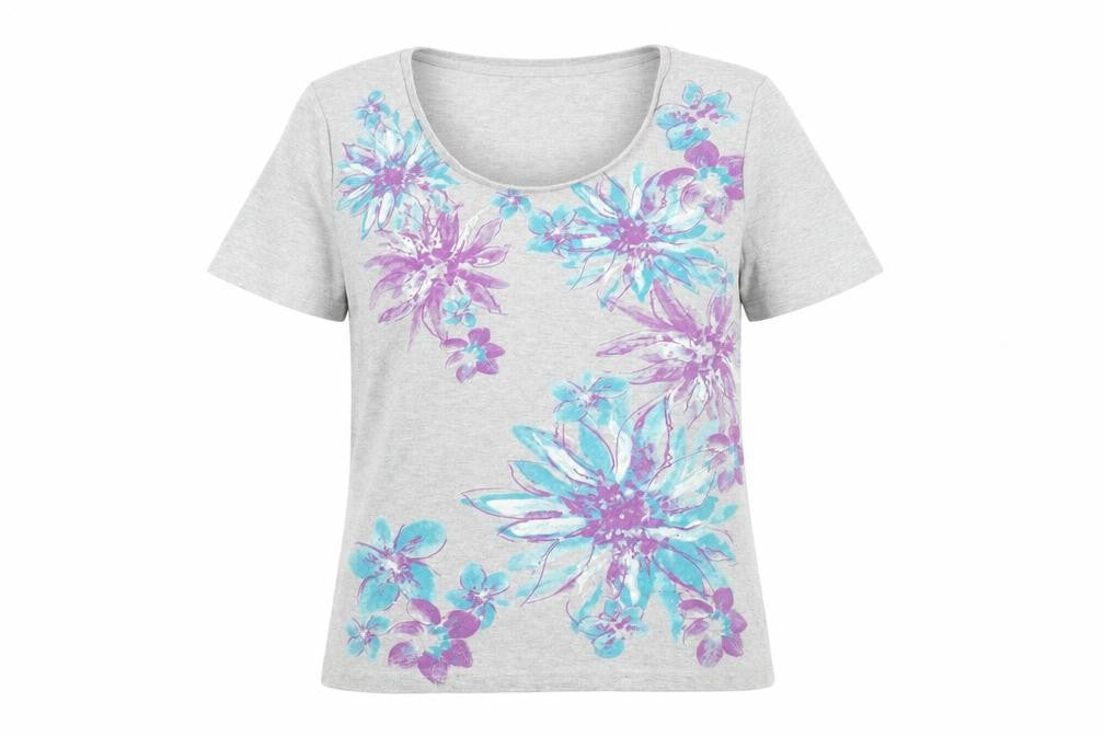 Front view of Bonmarché women’s grey floral cotton basic t-shirt, size M, round neck