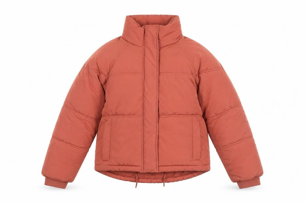 Front view of Topshop women’s orange puffer jacket coat, size UK 10, zip