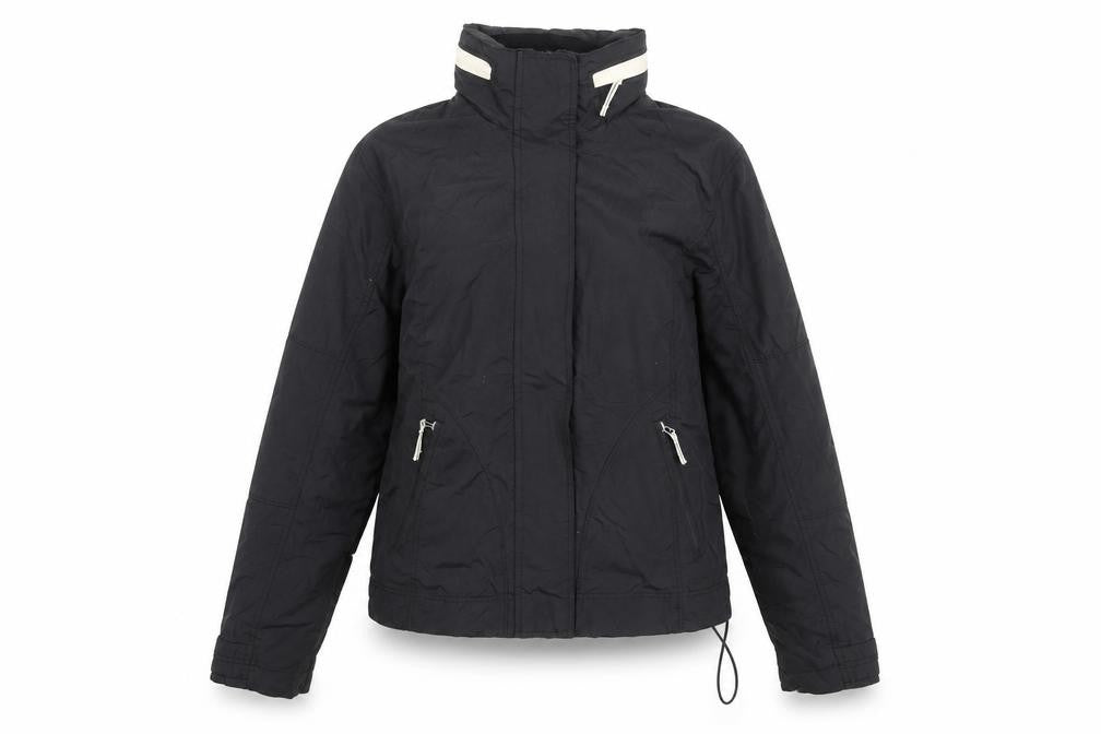 Front view of Best in Town women’s black jacket coat, size S, zip