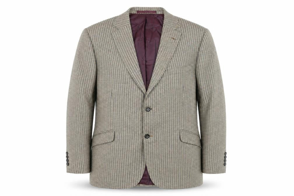 Front view of Marks & Spencer men’s brown geometric wool jacket suit jacket, size 42, regular