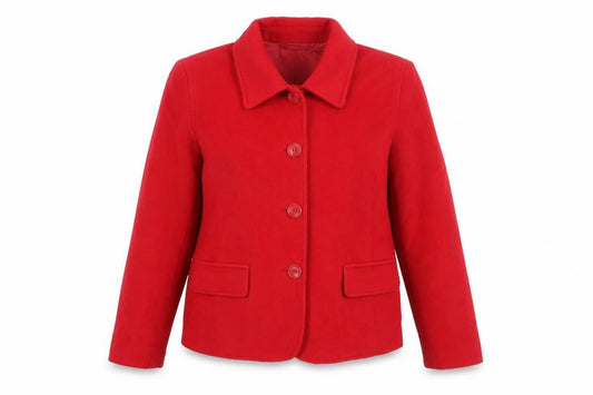 Front view of Le Comte women’s red jacket coat, size UK 14, button