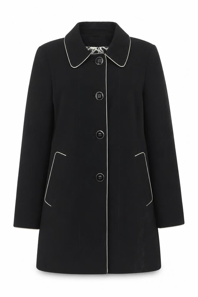 Front view of Anne Klein women’s black overcoat coat, size M, button