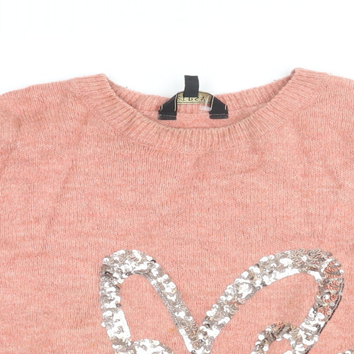 Lipsy Womens Pink Round Neck Acrylic Pullover Jumper Size 14 - Heart Print, Sequins