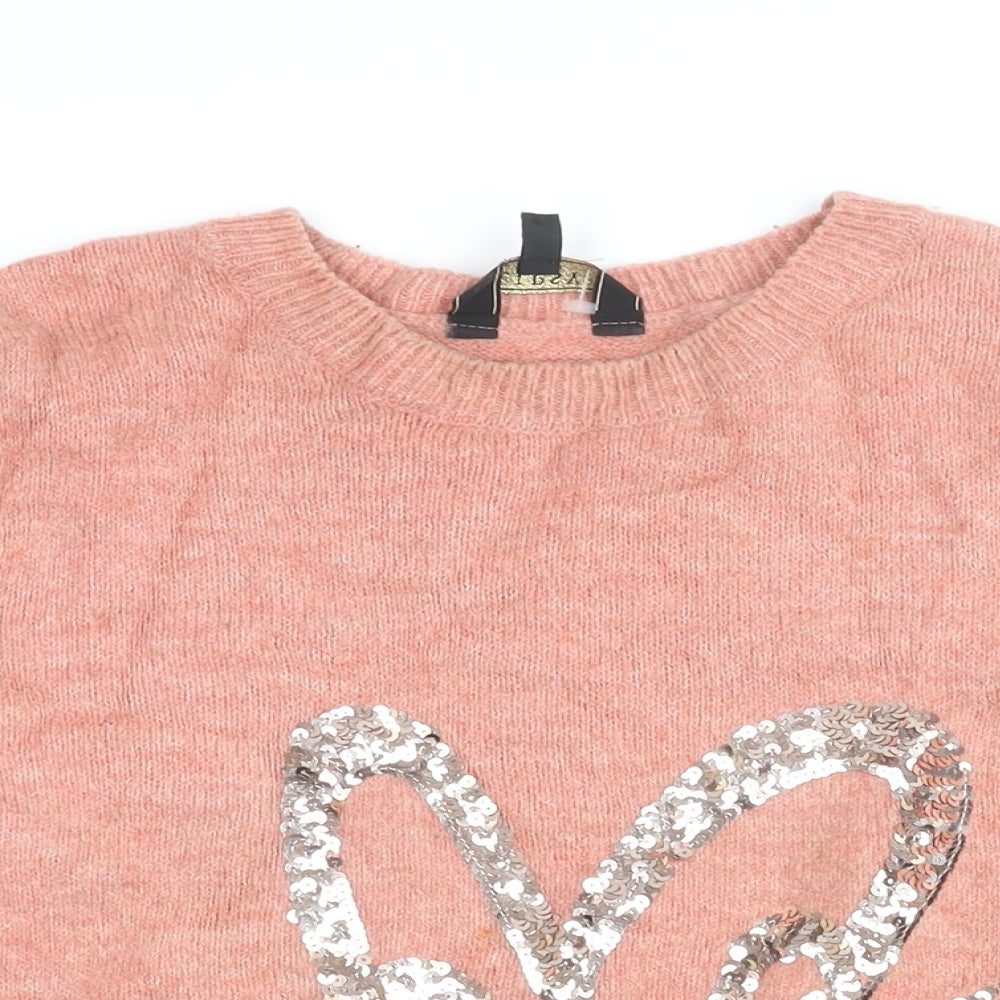 Lipsy Womens Pink Round Neck Acrylic Pullover Jumper Size 14 - Heart Print, Sequins