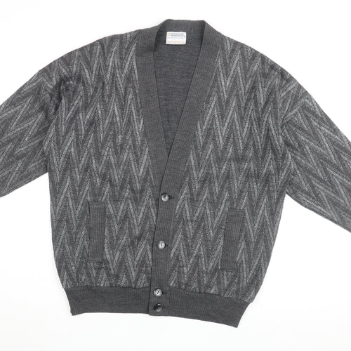 Pierre Sangan Mens Grey V-Neck Geometric Acrylic Cardigan Jumper Size L Long Sleeve