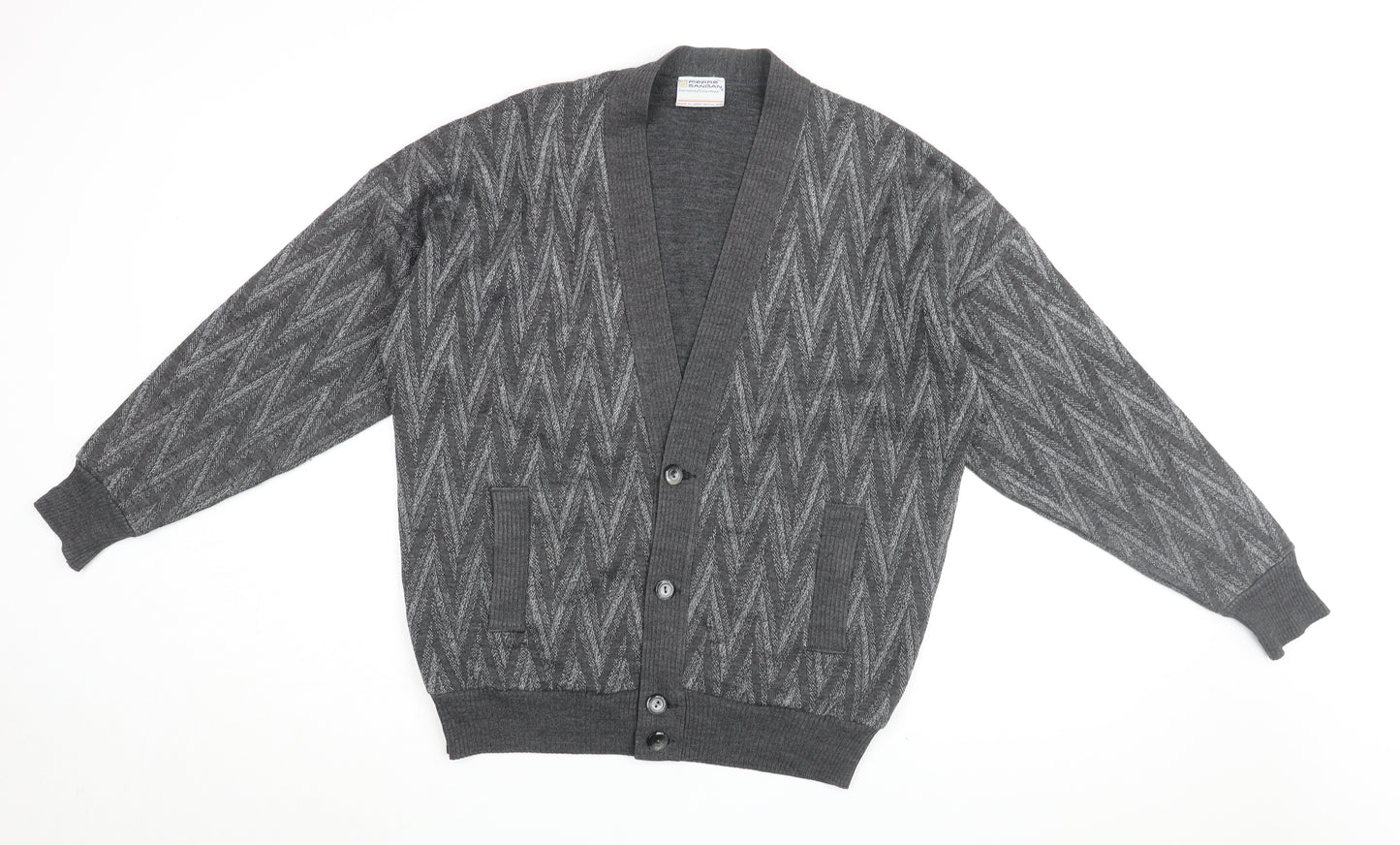 Pierre Sangan Mens Grey V-Neck Geometric Acrylic Cardigan Jumper Size L Long Sleeve