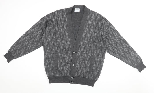 Pierre Sangan Mens Grey V-Neck Geometric Acrylic Cardigan Jumper Size L Long Sleeve