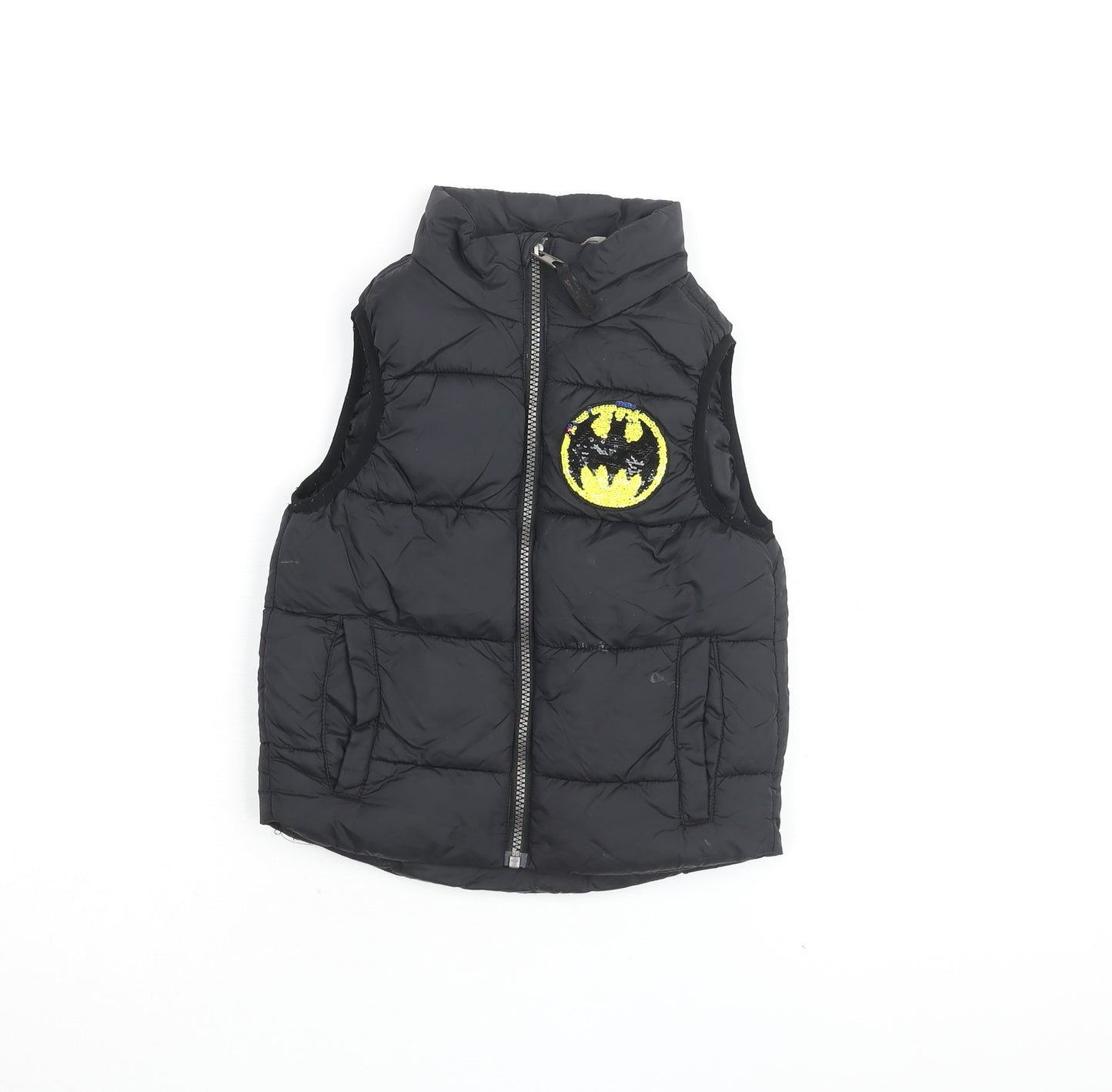 H&M Girls Black Gilet Coat Size 5-6 Years Zip - Superman Batman, Sequins