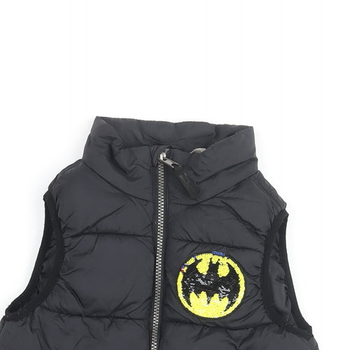 H&M Girls Black Gilet Coat Size 5-6 Years Zip - Superman Batman, Sequins