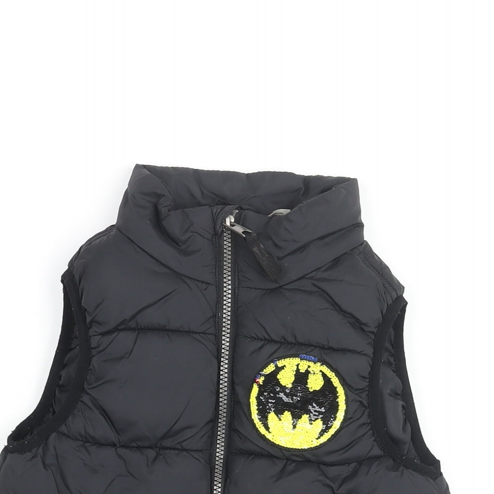 H&M Girls Black Gilet Coat Size 5-6 Years Zip - Superman Batman, Sequins