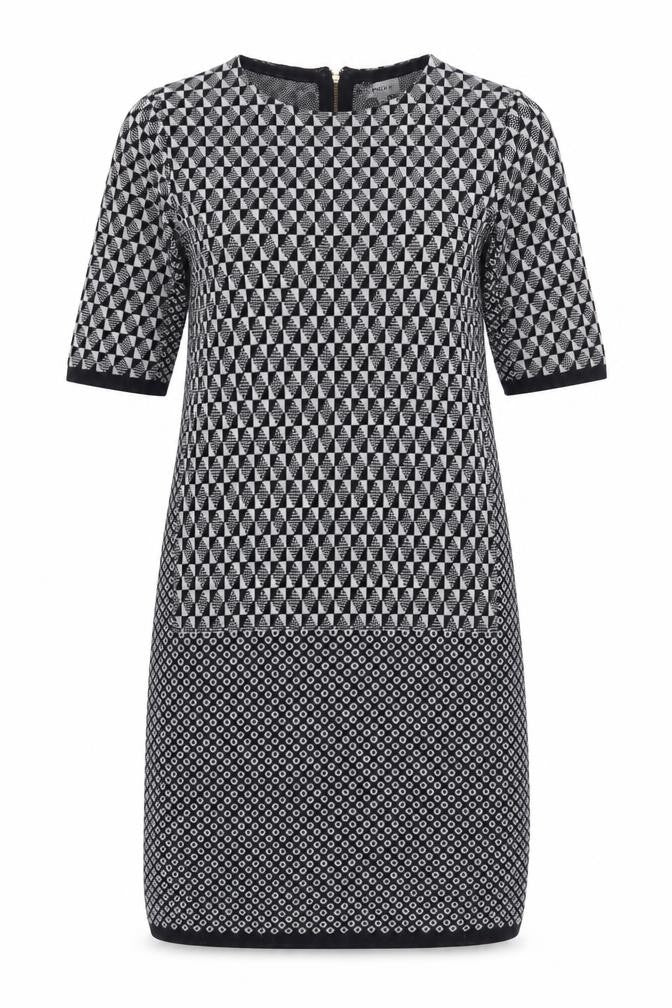 Front view of Jigsaw Women's Geometric Shift Dress, M, Black/Grey