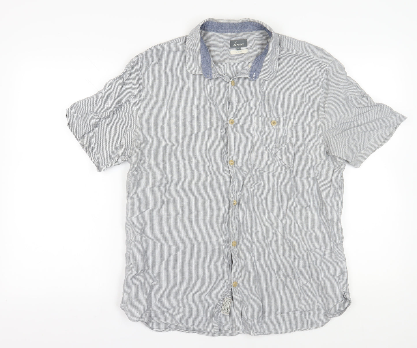 Linea Men's Grey Striped XL Linen Button-Up Shirt