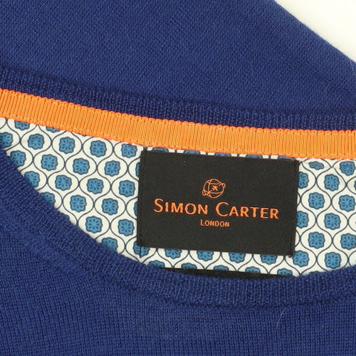 Simon Carter Men's Blue Merino Wool Pullover Jumper