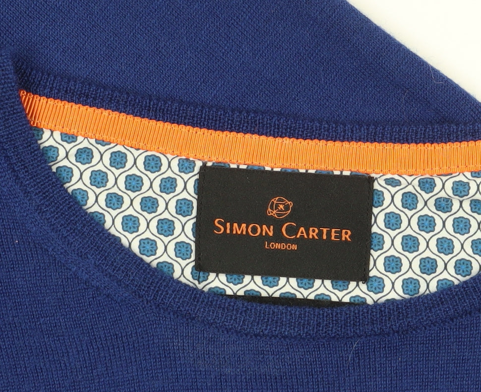 Simon Carter Men's Blue Merino Wool Pullover Jumper