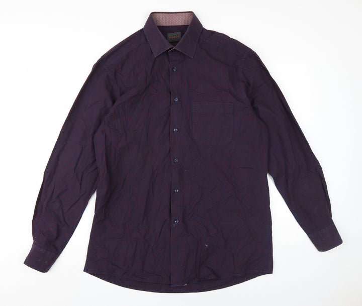 Douglas Mens Blue Check Cotton Dress Shirt Size 16.5 Collared Button