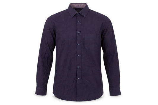 Front view of Douglas men’s blue check cotton dress shirt, size 16.5 collared button