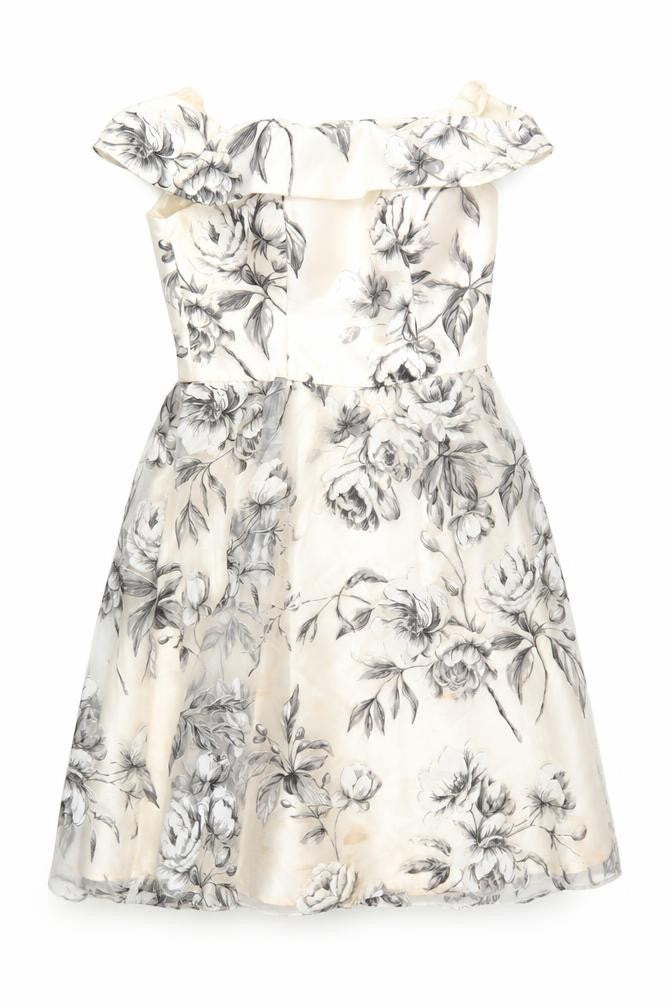 Front view of Chi Chi women’s ivory floral polyester a-line, size UK 10, off the shoulder zip