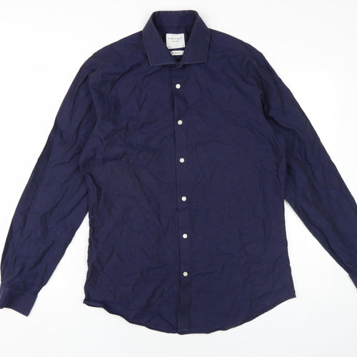Fisk of Oslow Mens Blue Cotton Dress Shirt Size 15.5 Collared Button