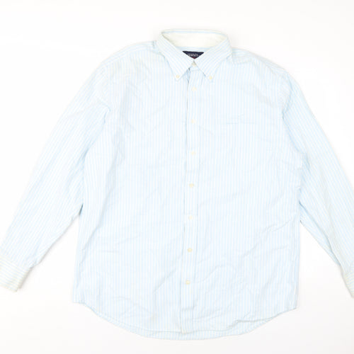 T.M.Lewin Mens Blue Striped Cotton Dress Shirt Size L Collared Button