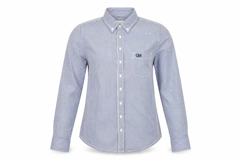 Front view of Gilly Hicks women’s blue striped cotton basic button-up, size S, collared