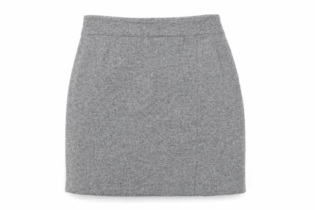 Front view of Jake women’s grey wool a-line skirt, size UK 10, zip