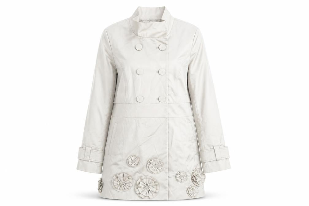 Front view of ABS women’s silver overcoat coat, size L, button