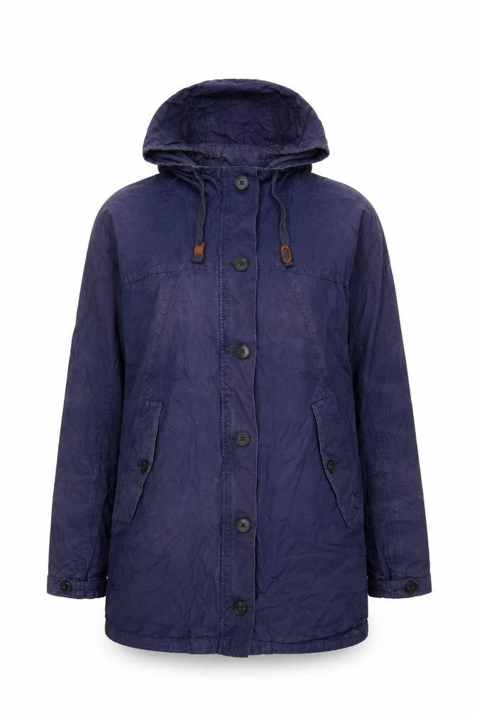 Front view of Jack Wills women’s blue jacket coat, size UK 10, zip