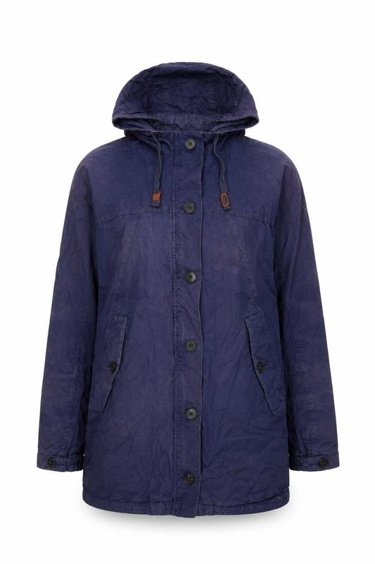 Front view of Jack Wills women’s blue jacket coat, size UK 10, zip