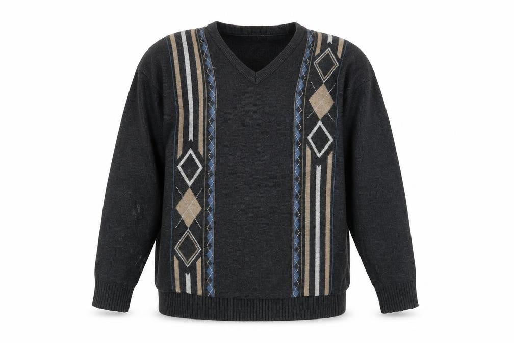 Front view of Nobel Men's Grey Argyle jumper, size M