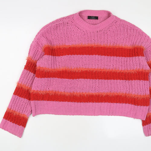 Bershka Women's Pink Striped Knit Pullover Jumper