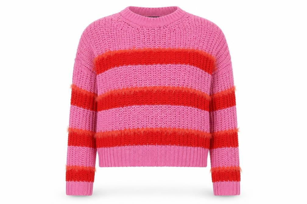 Front view of Bershka Women's Pink Striped Knit jumper