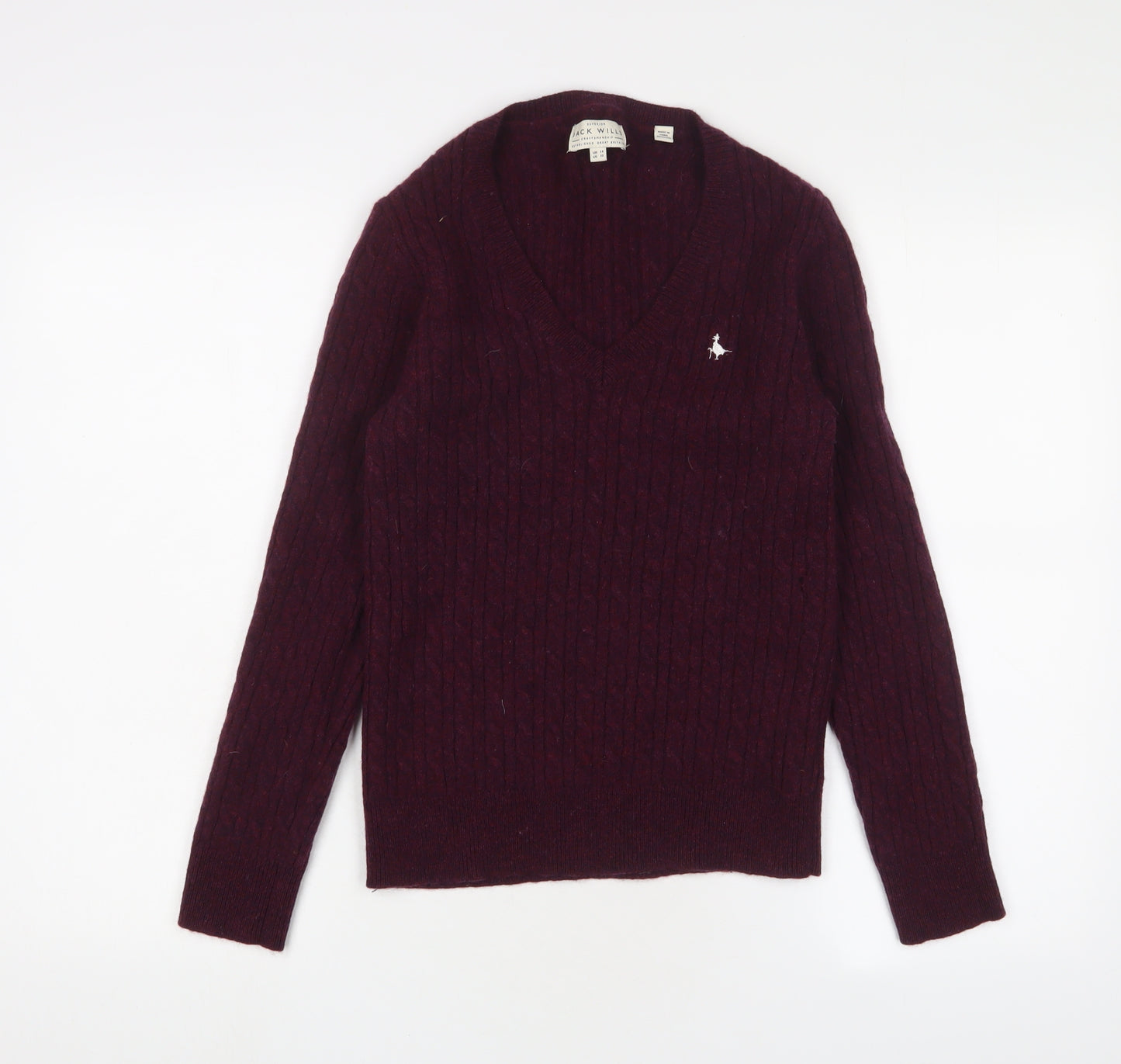 Jack Wills Women's Purple Cable-Knit V-Neck Jumper, Size 14