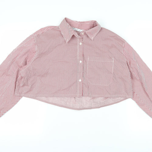 Stradivarius Women's Red Striped Cropped Button-Up Shirt M